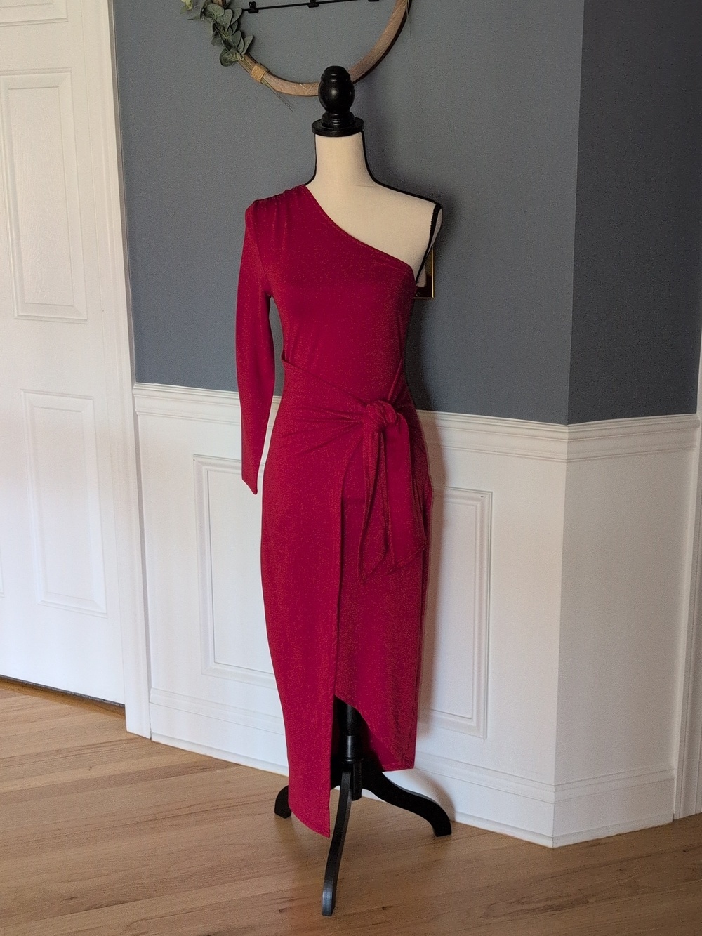Sleeveless One Shoulder Cocktail Dress Bodycon Tie Waist Dress - Red, Size Small - Picture 4 of 10